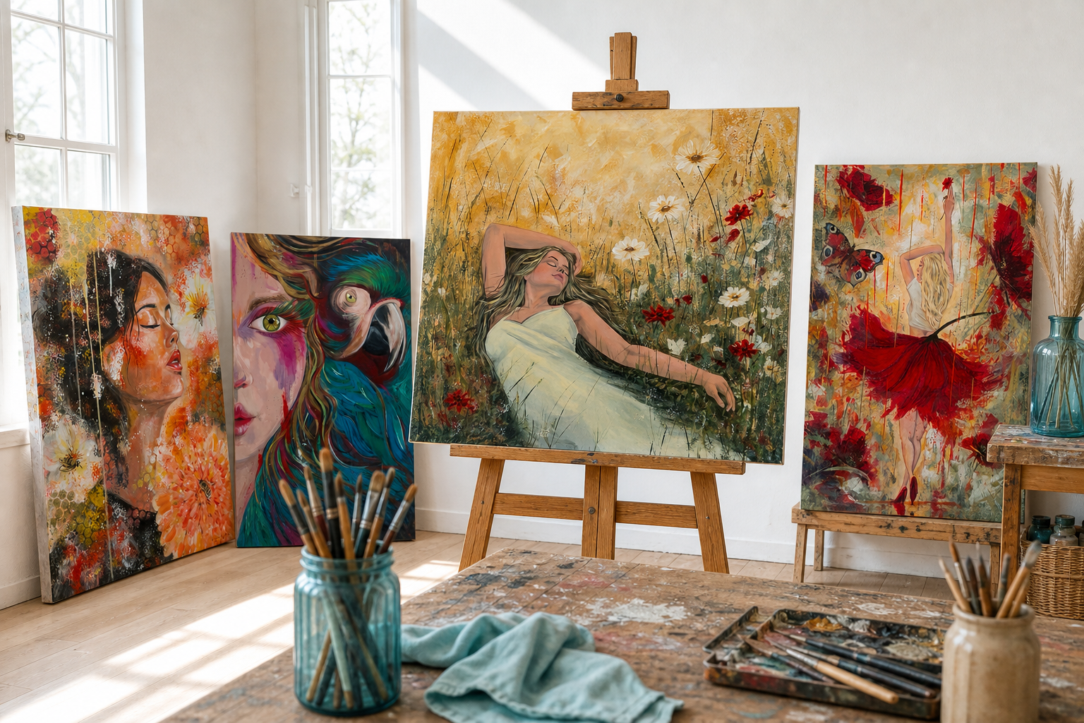 Das Atelier von Kathrin Caglar — helle Räume, Staffelei und ihre Werke an der Wand